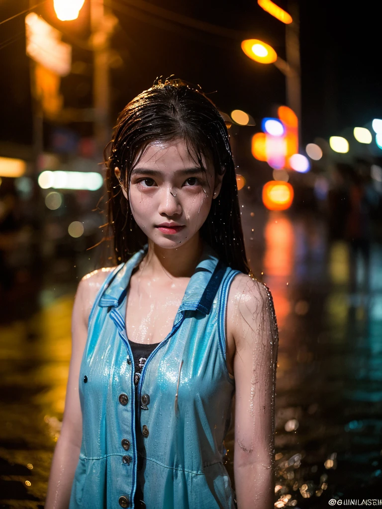 songkran,Wet roads , soaked through,drenched, Dripping, Wet Face,Wet clothes, Wet Skin, Wet Hair,A young woman with a cute face like an idol,chest,((evening)),(Cinema lighting),(High level of artistry),RAW Photos,Genuine,Genuine,High resolution,RAW Photos,masterpiece, beautiful