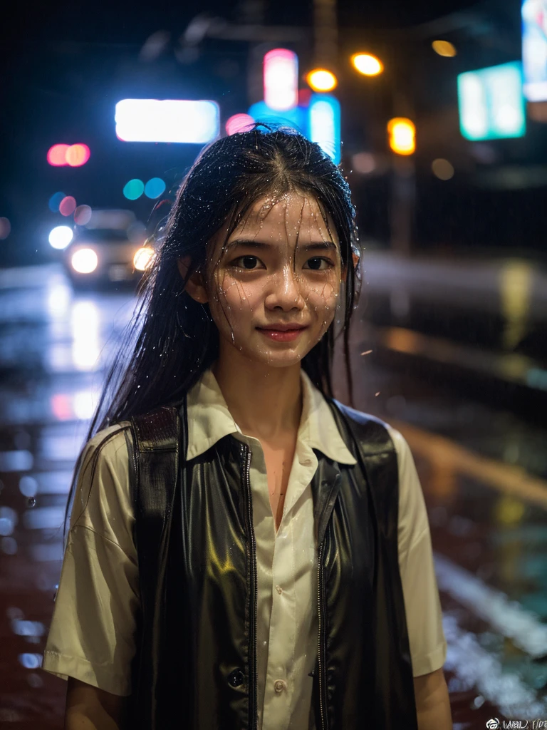 songkran,Wet roads , soaked through,drenched, Dripping, Wet Face,Wet clothes, Wet Skin, Wet Hair,A young woman with a cute face like an idol,chest,((evening)),(Cinema lighting),(High level of artistry),RAW Photos,Genuine,Genuine,High resolution,RAW Photos,masterpiece, beautiful