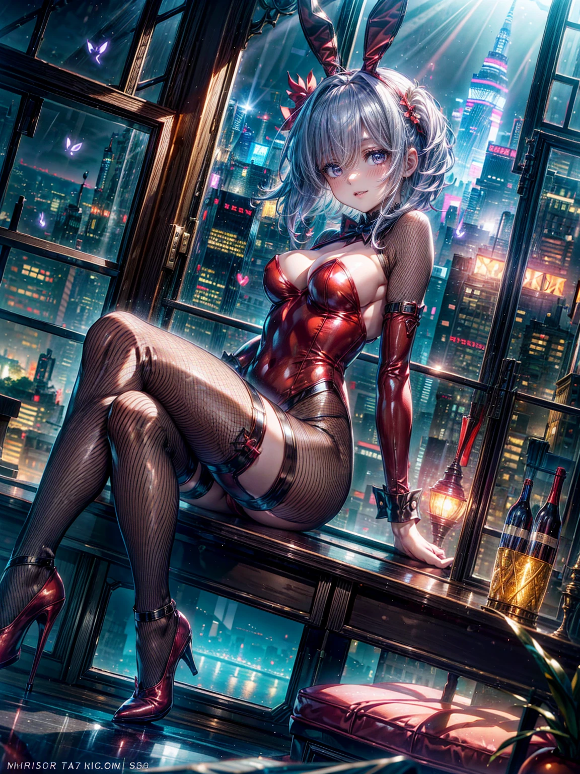 Highest quality、8K、(Bunny girl)、Fishnet tights、High heels、Red Bunny Suit、View Viewer、smile、Futuristic Living Room、indirect lighting、Room with houseplants、From the window you can see the valley between the city buildings、Night view、Silver short hair、Beautiful eyes、Beautiful Face、Delicate eyes