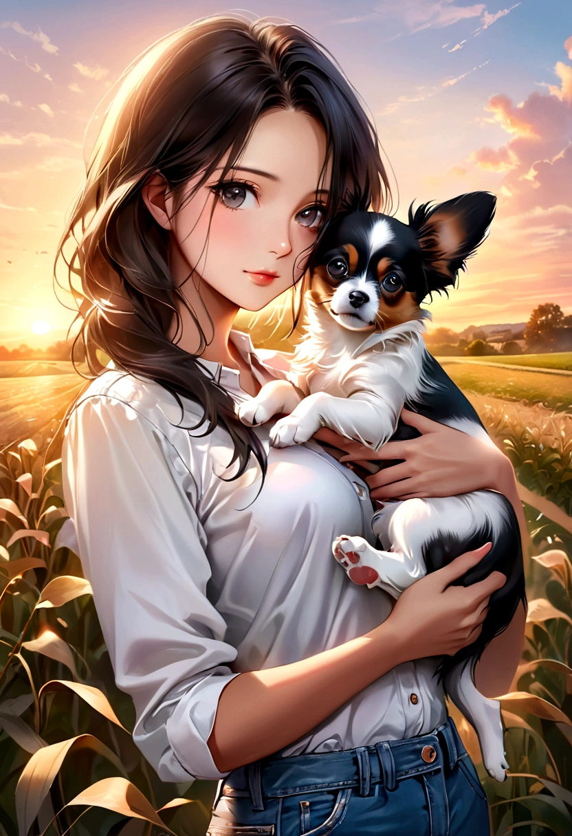 SLR, masterpieces, Real, Photography, Portrait of beautiful woman with her cute papillon puppy dog in the field at sunset, wearing white shirt and jeans, photo realistic