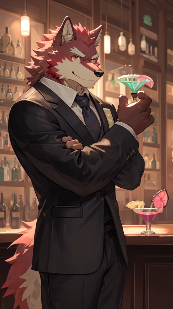 Best quality, diederich olsen (/knights college/), wolf, kemono, nj5furry, Red Fur, Red eyes, Medium Muscular Body, Solo, A charming bartender, elegant Pose, suit, Fierce eyes, Smille, a dimly lit bar, (meticulously garnishing a Cosmopolitan cocktail with lime peel:1.5), behind the counter, full body