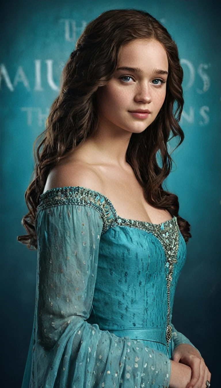 An illustrated movie poster, hand-drawn, full color, a Westerosi age girl, wearing a regal dress, warm brown complexion, freckles, turquoise eyes, dark hair, long loose curls, waist-length hair, posing on a pedestal, hard shadows, graphite shading, stencil marks, airbrushed acrylic paint, masterpiece, in the style of Game of Thrones