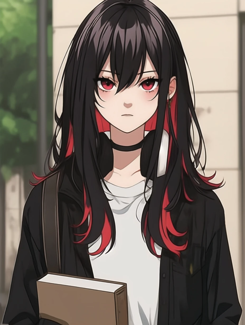 Tokyo Revengers screenshot. 16 year old girl, long straight black hair with red and white highlights and bangs. White skin color, She has red eyes and has a serious expression, while she held a book in her hand. She is dressed in a black trench and baggy jeans, and she is wearing headphones. She is standing in an alley at day. Tokyo Revengers drawing style.