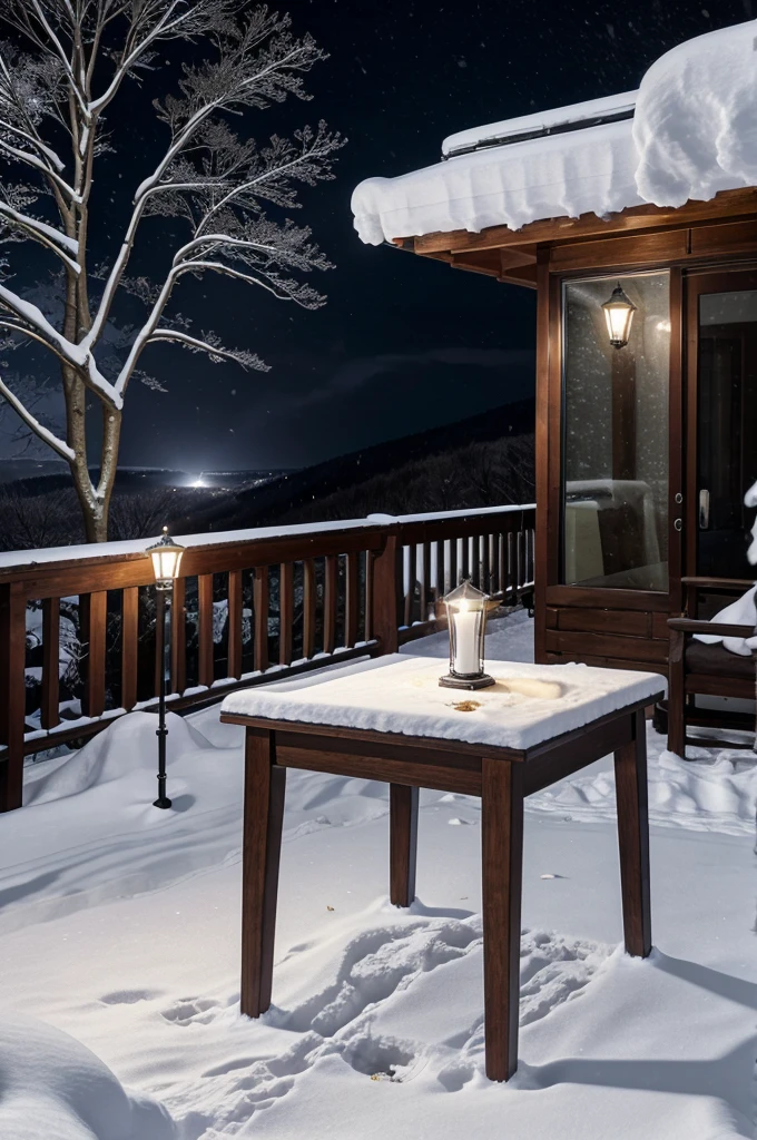 Hillside place , mid night, moonlight, snow weather, snow falling behind , a table , on table , small perfume with roses