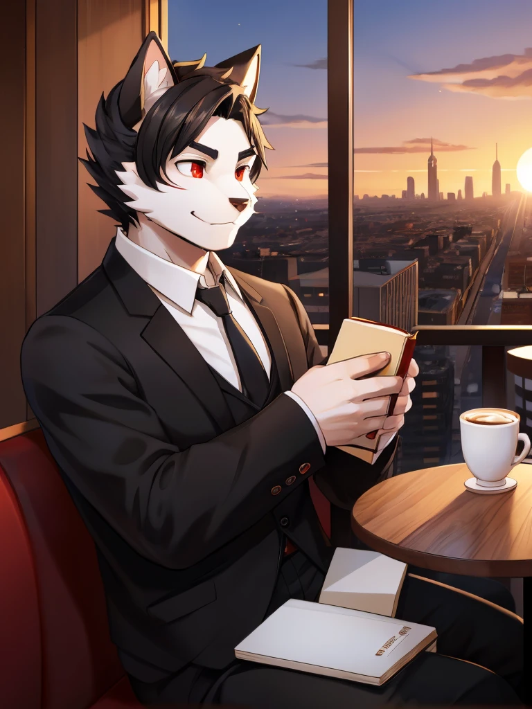Cat Boy,youth,Hairy all over,Black hair,White fur,Red eyes,White ears with two black stripes,Black star pattern on right cheek,Hairy white hands,Black suit,Black trousers,Holding a magic book,Cafe,Drinking coffee,City sunset