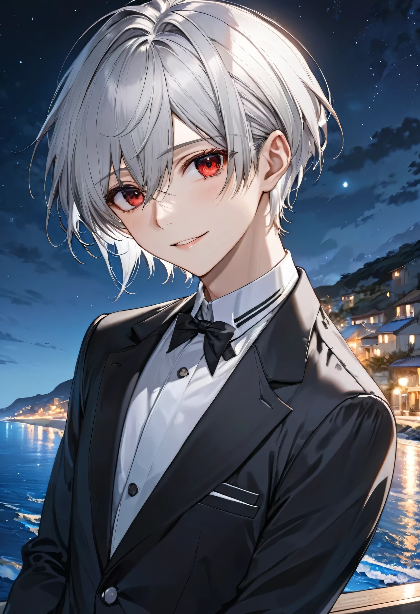 (close-up face), ((16 yo)), (solo:2 crew cut silver hair very short hair divine cool boy, detailed red eyes, soft smile face, flat chest), break, (in a butler suit), break, (in the night, in the Coastal road), (background detailed beautiful night ocean), BREAK, perfect anatomy, masterpiece, best quality, 16k, beautiful detailed night, daydreaming expression.