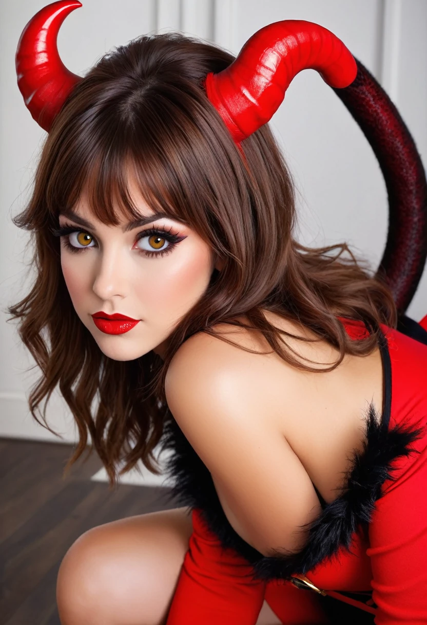 woman, brown hair, hazel eyes, in devil outfit, very sexy, shaggy hairy legs