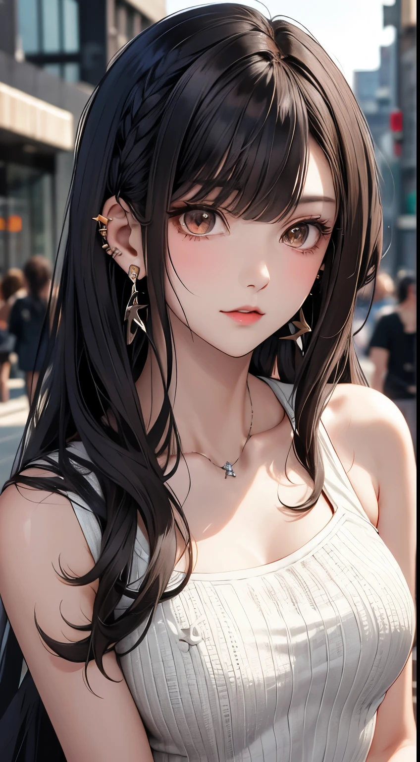 masterpiece, best quality, PIXIV, cool girl, lots of piercings, earrings, dark brown hair, curly hair, blunt bangs, straight bangs, gray eyes, pale skin, gal, gyaru