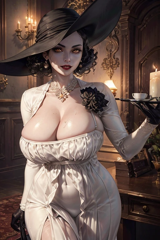 (Highest quality,4K,8K,High resolution,masterpiece:1.2),Very detailed,(Realistic,photoRealistic,photo-Realistic:1.37),Beautiful mature woman,1Mom, big vampire mom, Alcina Dimitrescu,Madame Dimitrescu,length, Black hair perm,Healthy Body,
Very detailed armpit,Beautifully detailed sweat glands,Smooth skin texture,Carefully drawn,
(Big black hat,White clothes with cleavage visible,), (humidity:1.2), Beautiful Eyes, (Attractive face:1.2), (Pale skin),(Big Breasts),Sticky with sweat,In a dynamic pose,
Resident Evil World,indoor,In a candle-lit mansion,