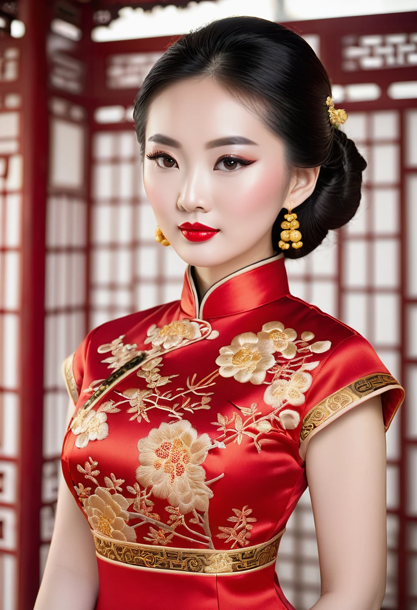 a woman, Cheongsam, Stuffed collar, garment with deep horizontal slits, gold embroidery on red fabric,