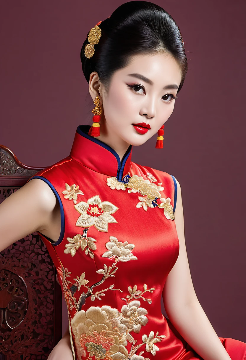 a woman, Cheongsam, Stuffed collar, garment with deep horizontal slits, gold embroidery on red fabric,