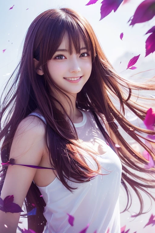 (anime),(cute)(masterpiece), (Highest quality),One girl,Upper Body,(Double exposure:1.2),(Simple Background:1),Bold、clear、PURPLE-Red、COOL-Smile、Natural、Clear、Turn、 (Movie angle),(Dynamic Angle),Disheveled long hair,(Low contrast),(Flat Color:0.7)