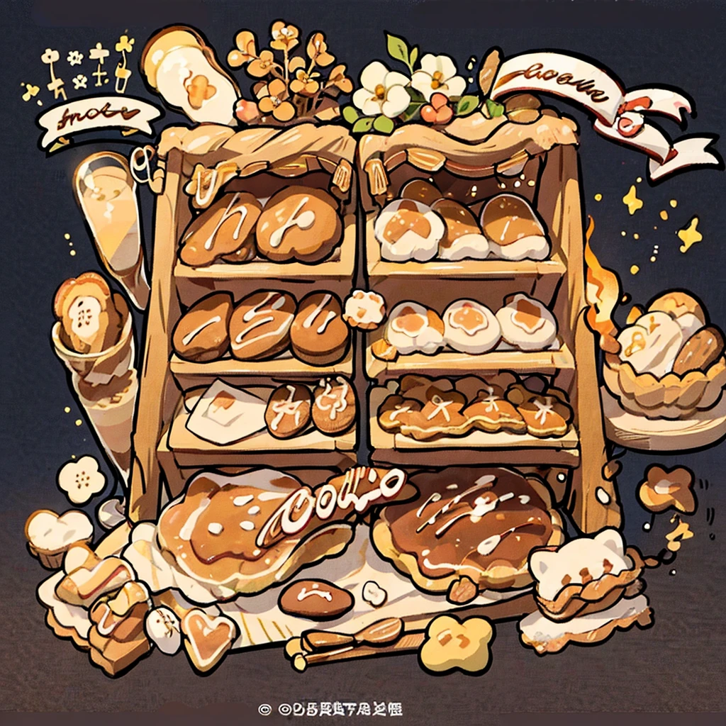 cute artstyle, brown bakery, milky, brown bread, bakery shop, theme, bread & cookies, white bread, paper bag filled with lots of bread , food menu list