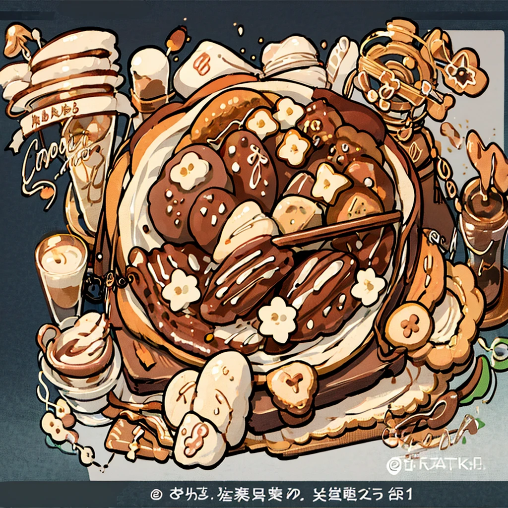 cute artstyle, brown bakery, milky, brown bread, bakery shop, theme, bread & cookies, white bread, paper bag filled with lots of bread , food menu list