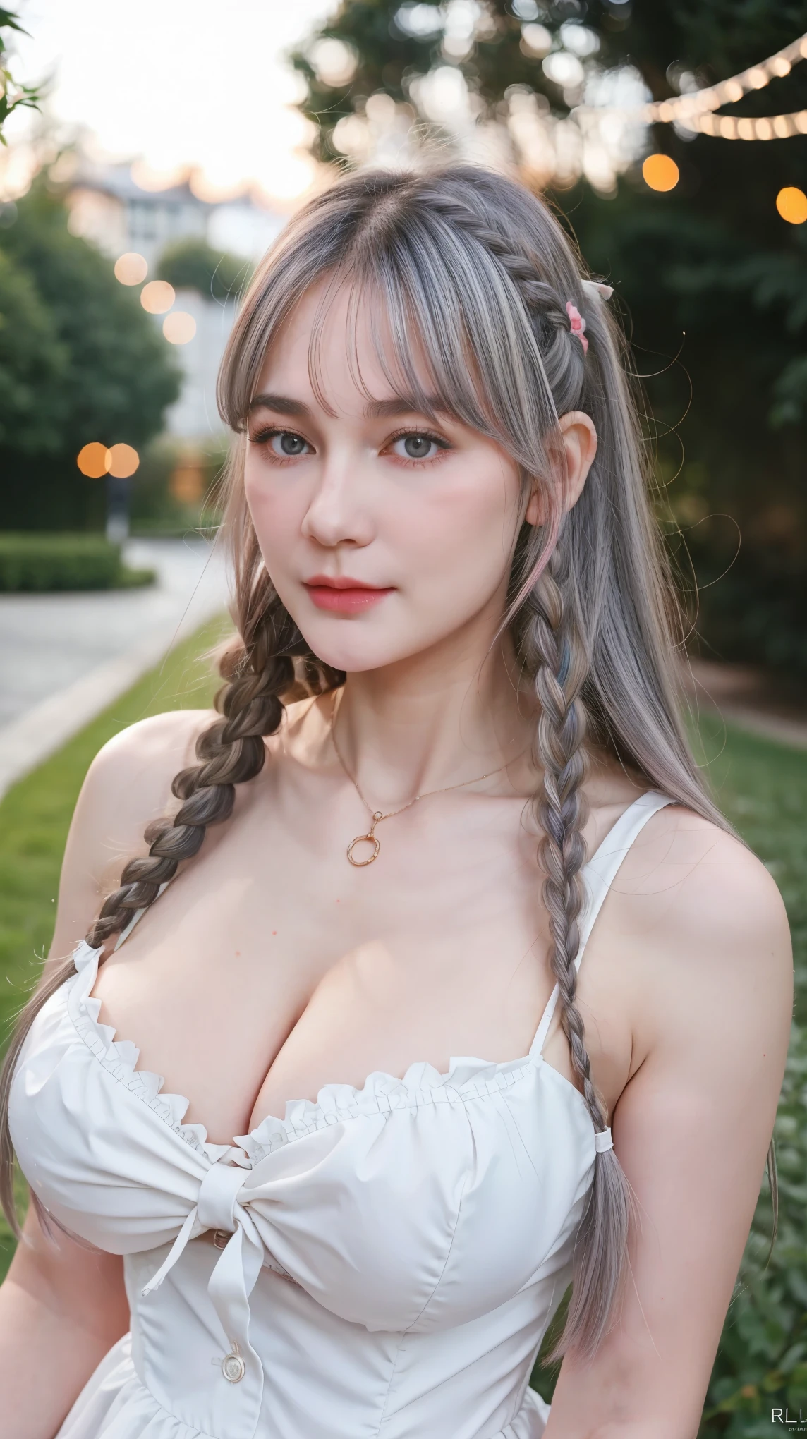 1 Girl, Beautiful, , 20 Years Old, White Skin, Pose, Ultra Large Breast, Cleavage, Perfect Lolita Dress, Grey Eye, Muscles:1.3, Outdoor, Bokeh:1.1, Drill Hair, Tied Hair, ((Coloured Hair))