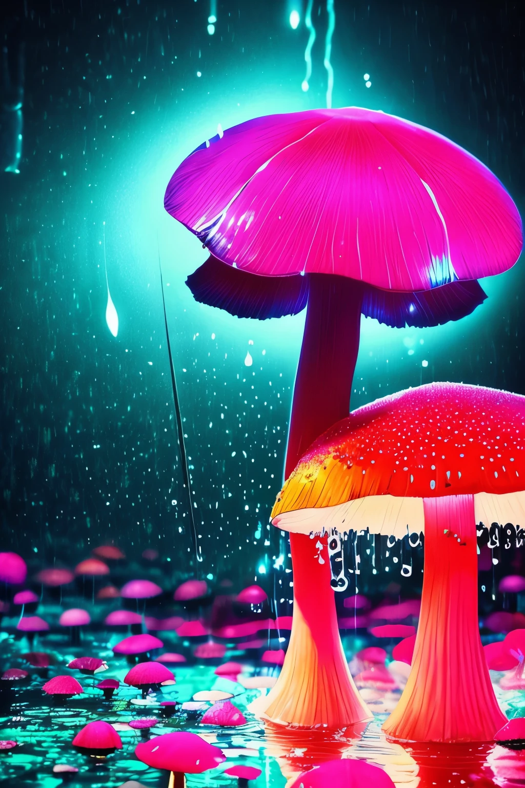 red mushroom,hydrangea,rain,luminous design, pastel colours, ink drips, summer lights