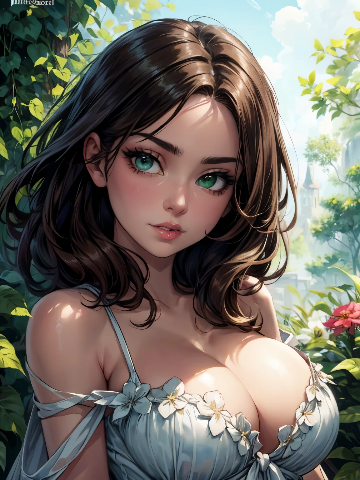 best quality,ultra-detailed,realistic,portrait,beautiful detailed eyes,beautiful detailed lips,bright green eyes,(((cleavage))), supple,extremely detailed eyes and face,long eyelashes,soft and gentle smile,Latin features,Scoop Blouse Dress flowing in the wind,graceful and elegant pose,facing directly at the camera,shining under natural light,light brown hair cascading down her shoulders,subtle highlights reflecting her healthy hair,((Watercolor by singer Sargent)),vibrant and vivid colors blending seamlessly,subtle use of warm and cool tones,soft edges and delicate brushstrokes,ethereal and dreamlike atmosphere,subtle play of light and shadow around the face,subtle hints of background scenery,green foliage and flowers,creating a sense of serenity and tranquility,bringing out the natural beauty and grace of the Latvian woman., sultry look, seductive