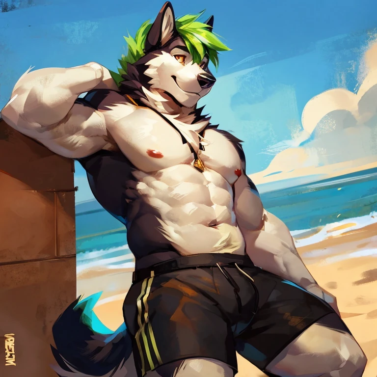 Medium muscular, Husky Wolf , shirtless, in black shorts, Amber eyes, bluish-green hair, bluish-black fur, cream-white fur, By mystikfox61