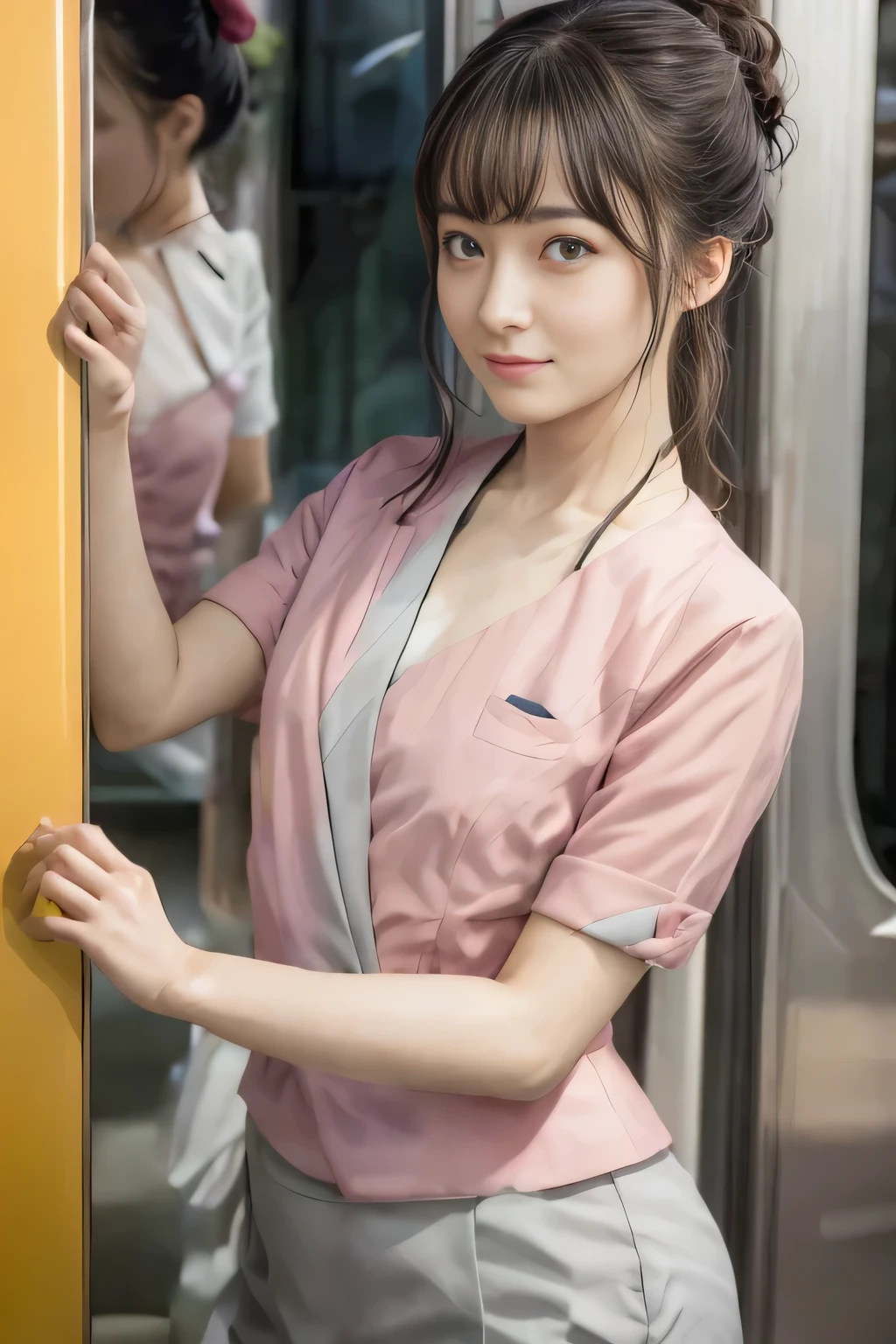 (masterpiece:1.2, Highest quality:1.2), 32k HDR, High resolution, (alone、1 girl)、 (Height: 160cm)、(On the rooftop of a building in the daytime、Professional Lighting)、Building rooftop background、(Nankai train crew uniform pinkを着たリアルスタイル)、(Nankai train crew uniform pink short sleeve collarless pink jacket、Nankai Train Crew Uniform Pink Collarless Short Sleeve Blouse、Nankai Train Crew Uniform Pink Grey Knee-length Culottes)、(The pink jacket is showing from the culottes.)、Dark brown hair、(Hair tied up、Hair tied up、Evening curly hairstyle)、Dark brown hair、Long Shot、Big Breasts、Thin legs、((Great hands:2.0)),((Harmonious body proportions:1.5)),((Normal limbs:2.0)),((Normal finger:2.0)),((Delicate eyes:2.0)),((Normal eyes:2.0)))、smile、(Nankai Train Crew Uniform Pink Grey Knee-length Culottesを見せた美しい歩く姿)、Place your hands around your stomach、Lanyard employee ID card