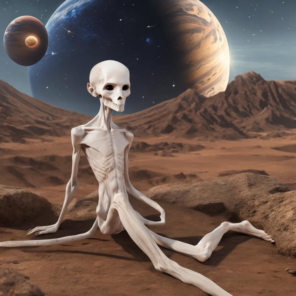 A humanoid figure in a fetal position ,Pale skin,Hollow nose, his hands are elongated and he has pointed claws, he is skinny almost malnourished, skinny arms too, completely black and round eyes, no hair and a round head, in the background you can see the Outer space and the occasional planet.