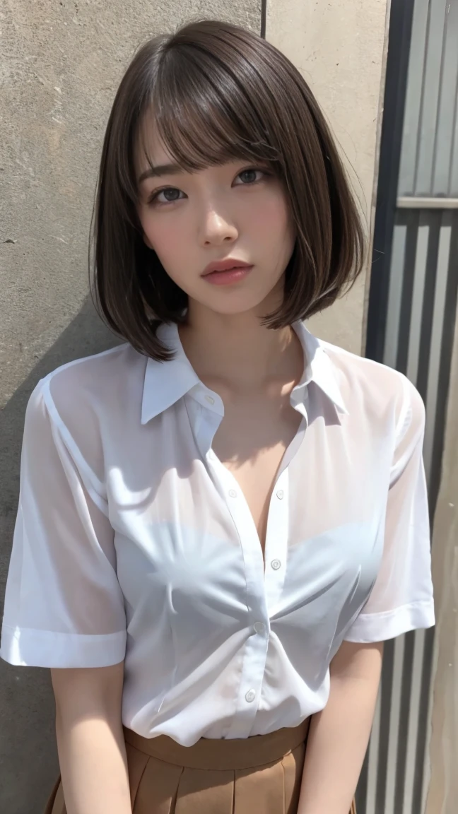 (One woman), short bob, 18 years old, Japanese, brown eyes, brown hair, slim figure, flat chest, high school girl, school summer uniform
Blake
Facial expression and background
Her whole body got wet from a sudden rain, and her blouse became transparent, giving a faint glimpse of her bra