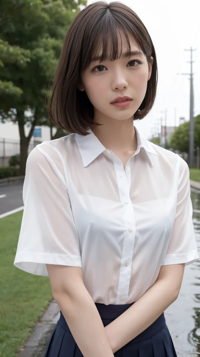 (One woman), short bob, 18 years old, Japanese, brown eyes, brown hair, slim figure, flat chest, high school girl, school summer uniform
Blake
Facial expression and background
Her whole body got wet from a sudden rain, and her blouse became transparent, giving a faint glimpse of her bra