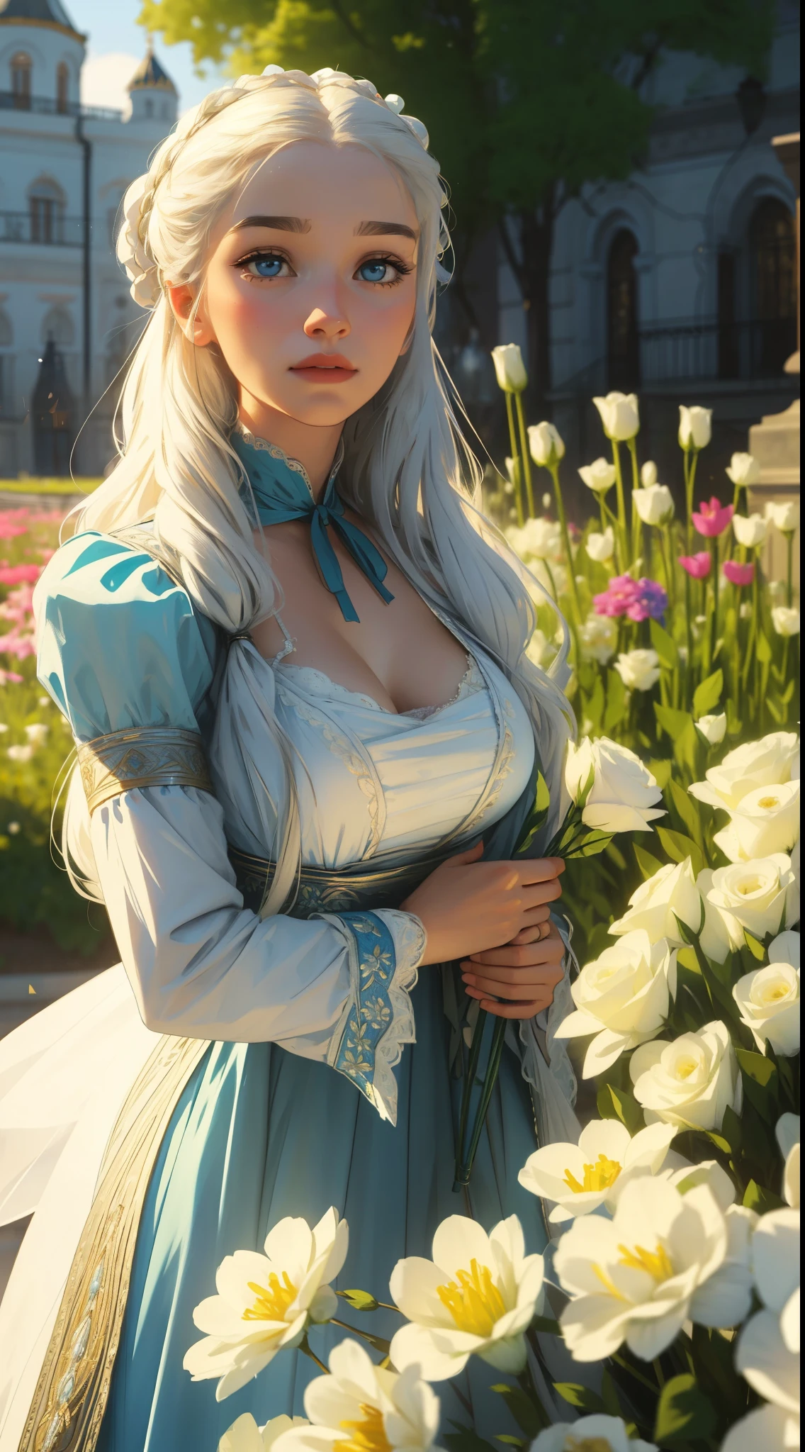 Russian Empire, neon, garden, flowers, 19th century, girl, dressed in a light-colored silk dress of the 19th century with silver embroidery, delicate face, face similar to Daenerys, long white wavy hair, stunning blue eyes, large breasts, aristocrat, Victorian style, realistic face, 8K, HD