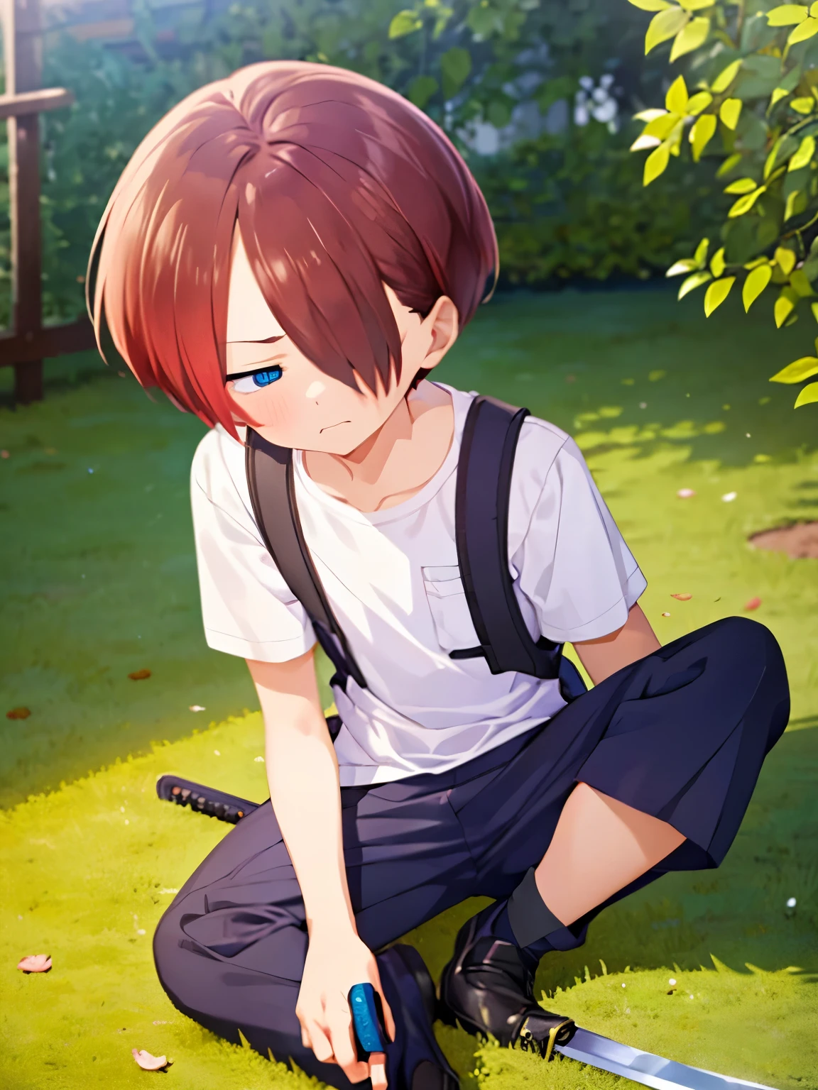 1boy, solo, male focus, kyoutarou_ichikawa, red hair, blue eyes, short hair, hair over one eye, bangs,Sitting on the ground, eyes closed, expression of pain, half body photo, Holding a wooden sword