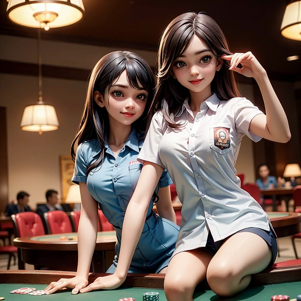 (masterpiece, best quality, high resolution), 19 years old, one indonesia school girls only, standing and teasing, perfect eyes, laugh, sitting on poker table, gambling, slot machine, baccarat, roulette, customer service, happy smile