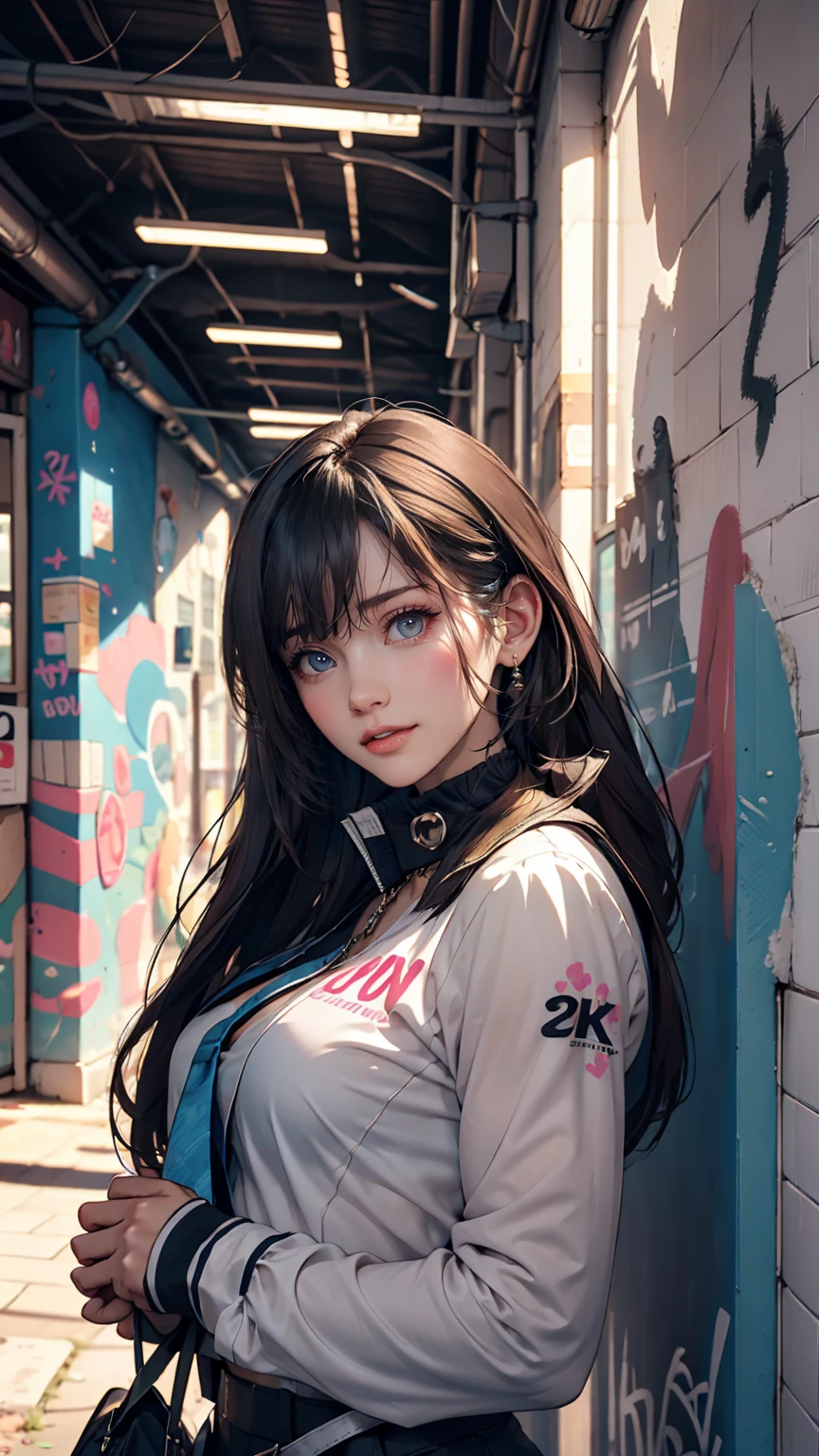 (Highest quality), masterpiece, Highly detailed CG uniform 8K illustrations, High collar, extremely High collar saturation, All the colors have deepened, paint, Graffiti art, Center Configuration, Highly detailed lights and shadows, Graffiti wall, wall painted bright, A girl&#39;s graffiti A girl is staring at the wall, Highly detailed face and eyes, Medium length hair, Micro Bikini((shocking pink)), Coloured Clouds、Sexy proportions、Sexy、Too much exposed skin