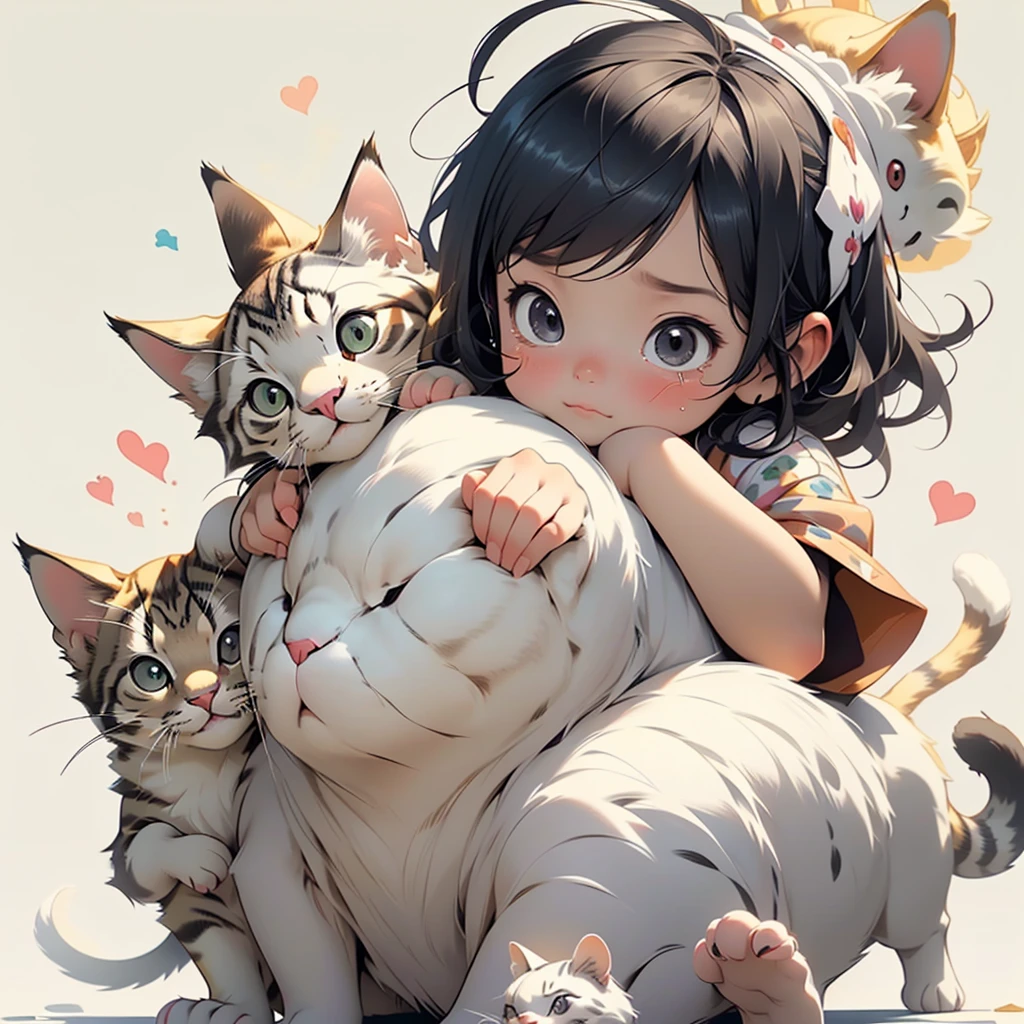  A  with messy hair is crying and holding her head in her hands, next to the kitten sitting on its back feet looking at her happily. The background color of the white paper has cartoon illustrations of children's book characters in the style of a cute, flat illustration. 