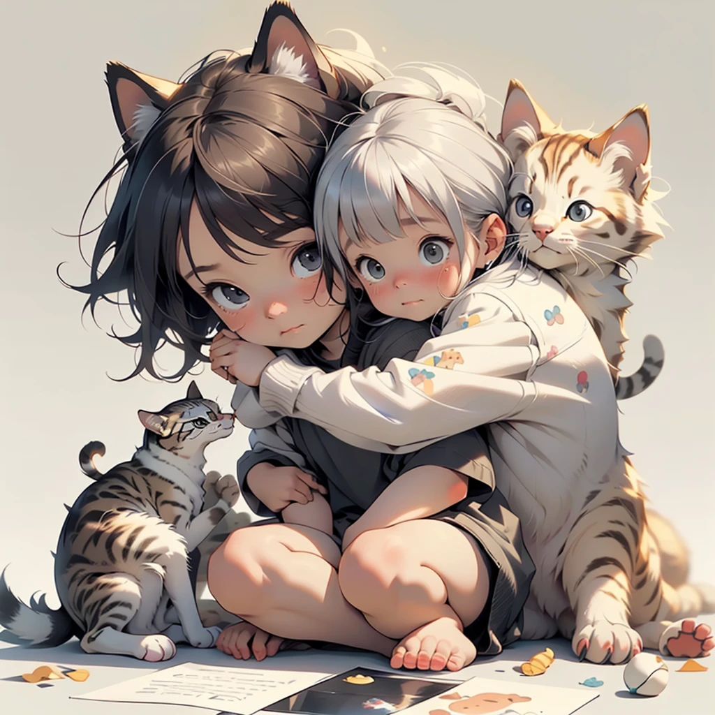 A little girl with messy hair is crying and holding her head in her hands, next to the kitten sitting on its back feet looking at her happily. The background color of the white paper has cartoon illustrations of children's book characters in the style of a cute, flat illustration.