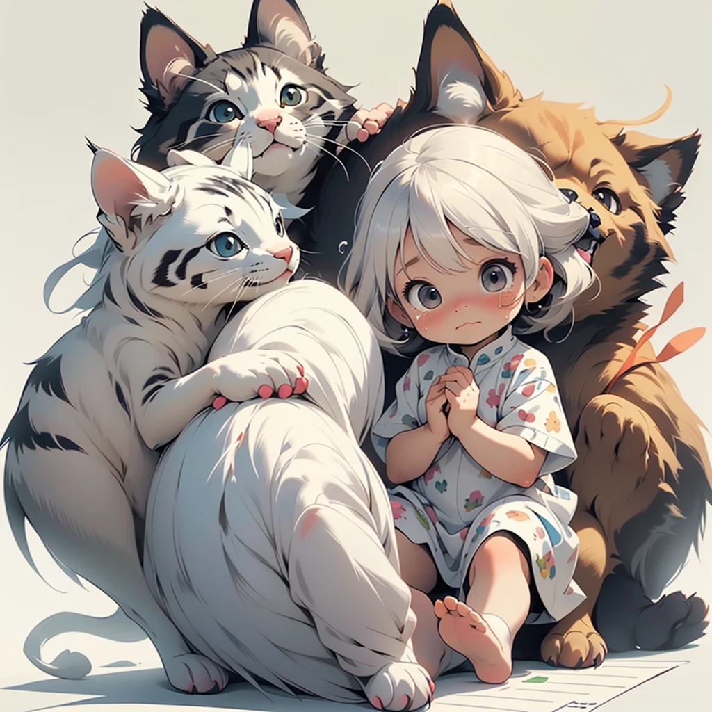 A with messy hair is crying and holding her head in her hands, next to the kitten sitting on its back feet looking at her happily. The background color of the white paper has cartoon illustrations of children's book characters in the style of a cute, flat illustration.