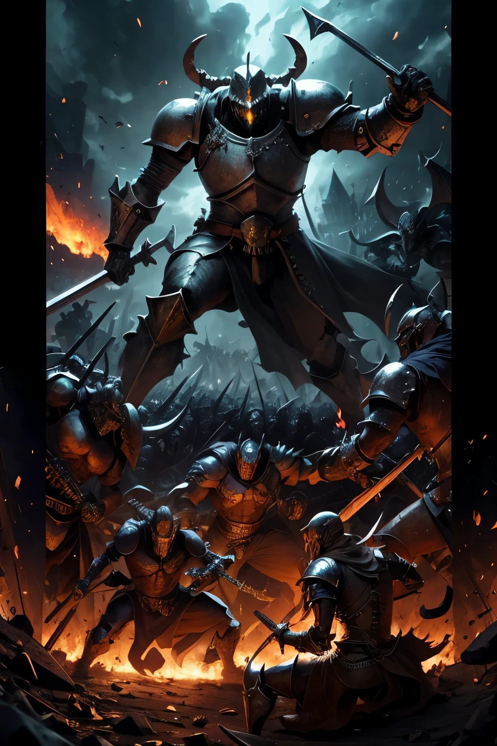 There is a melee in the picture，Demons vs Humans，war，Magic theme，Medieval Warhammer，Two Skeleton Soldiers，A knight，A fighter，A demon wizard，The number of people on both sides is the same，They attack each other