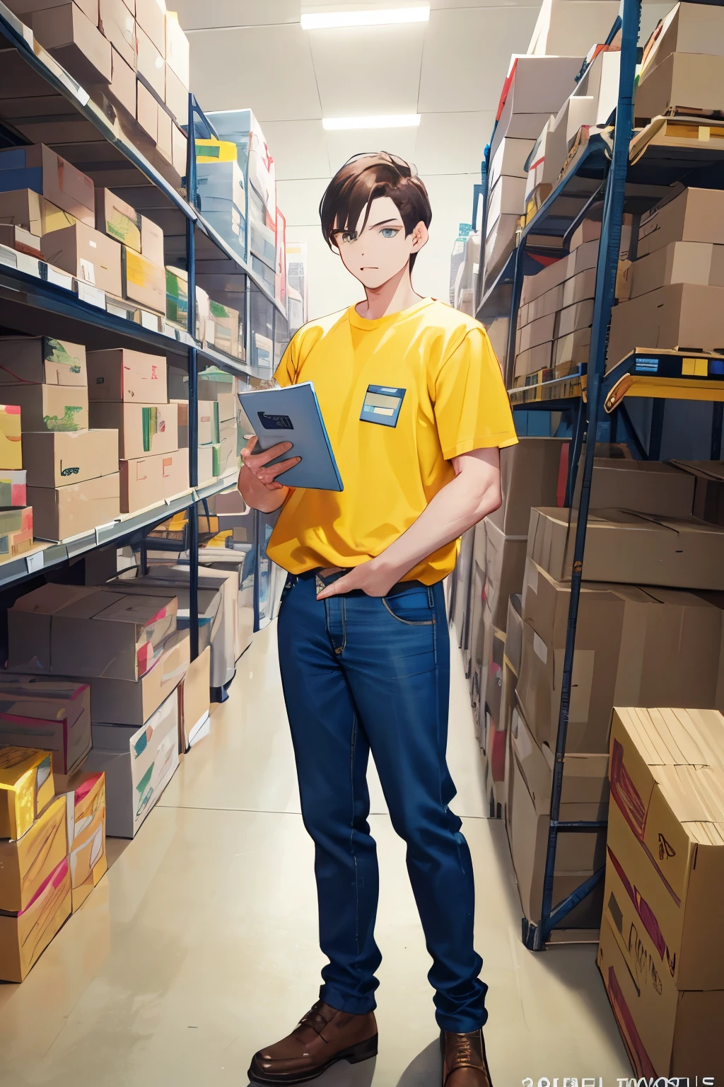 Company boy, yellow shirt, jeans, warehouse manager, the warehouse manager, strong warehouseman, unmatched Animated Title, the warehouse manager, Animated Coppel, Coppel employee, Movie cover, Animation, Animated, Cartoons