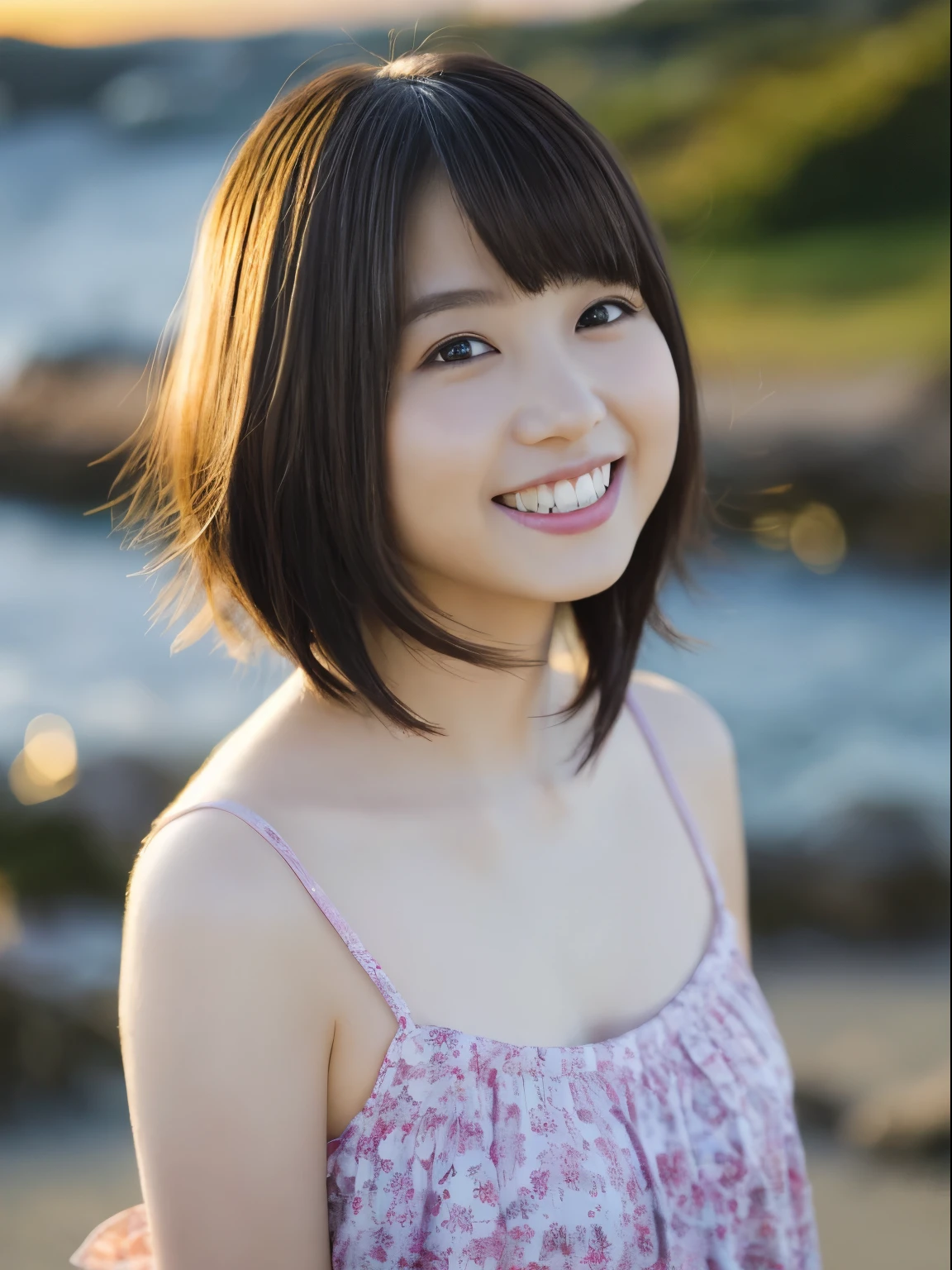 Only one girl、((perfect bodies)))、(​masterpiece)、((top-quality))、(ultra-detailliert)、((extremely delicate and beautiful))、(((Very shallow depth of field)))、nffsw，(((incredibly absurdness)))、((perfect bodies)))、(((A dark-haired)))、(((short cut hair)))、(Okabo hair)、(((Looking at the camera)))、(((small tits)))、(((The best smile that makes you happy)))、Camisole dresare+Background with、dynamic ungle、female focus on、{Particles of light}、Meticulous background with、((paul hedley)))、Soft lighting、(Dramatic sunset)、Evening glow、Very beautiful sunset、Live action、realisitic、Angle from above、cute face、(the background is blurred)、28year old、being thin、((the wind))、(((movement)))、(((emotional)))、((colourfull))、((a baby face))、((Beautiful teeth)) 、f lare、sea the background of