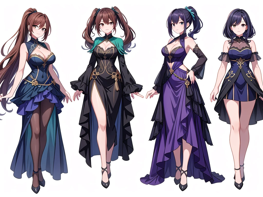 (((Best Quality))) , ((full body)), 4 lady, adult woman, multiple views, white background, variety of hairstyles, variety of fashion styles, seductive pose, fantasy outfit, walk pose, dark blue/dark orange/dark green/dark violet/brown/white, ,