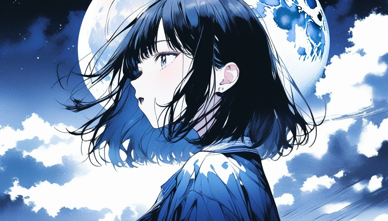 Illustrator, anime , Realistic ,sketch , Abstract moonlight background、、Body、1 girl, ,Looking up at the sky, I scream、lip, 首にblackﾁｮｰｶｰWear, order, White gradient background, Kuro Hair,Short Bob、blackｔSpace in a shirt★、Textured Trim, Canadian, (masterpiece,Highest quality) Cancer