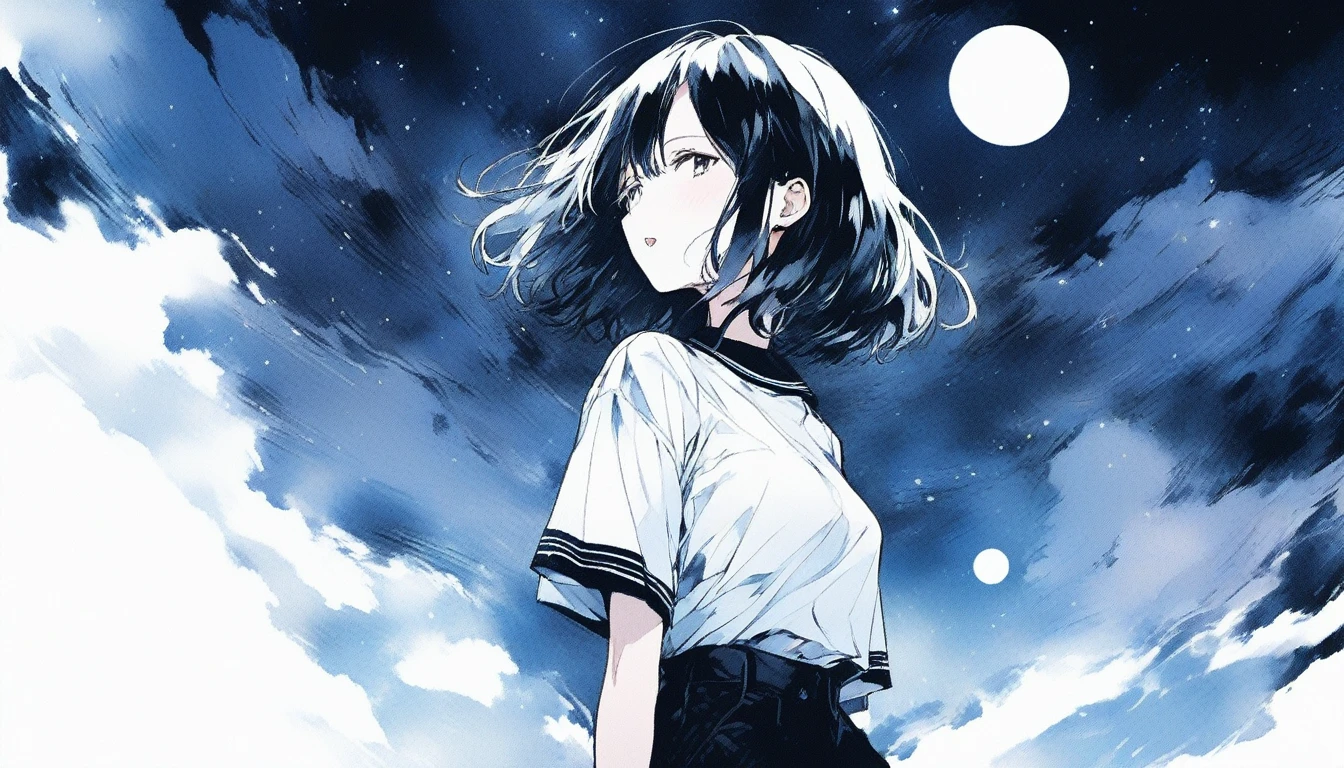 Illustrator, anime , Realistic ,sketch , Abstract moonlight background、、Body、1 girl, ,Looking up at the sky, I scream、lip, 首にblackチョーカーWear, order, White gradient background, Kuro Hair,Short Bob、blacktSpace in a shirt★、Textured Trim, Canadian, (masterpiece,Highest quality) Cancer