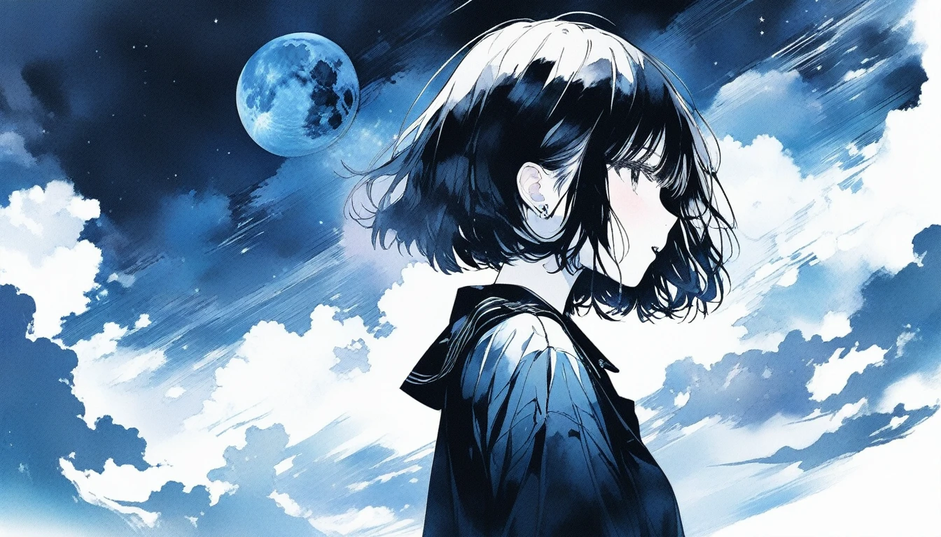 Illustrator, anime , Realistic ,sketch , Abstract moonlight background、、Body、1 girl, ,Looking up at the sky, I scream、lip, 首にblackチョーカーWear, order, White gradient background, Kuro Hair,Short Bob、blacktSpace in a shirt★、Textured Trim, Canadian, (masterpiece,Highest quality) Cancer