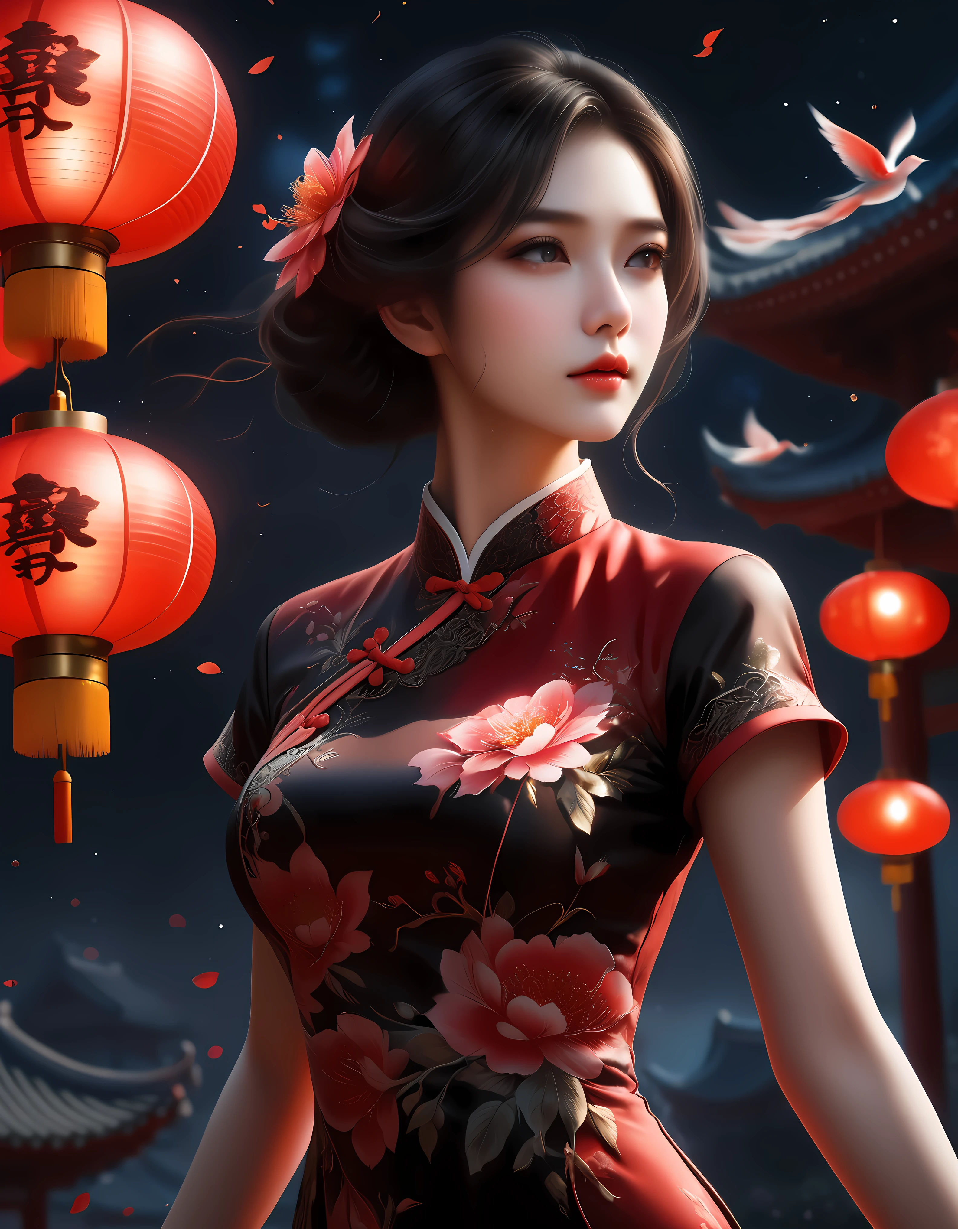 ((Masterpiece in maximum 16K resolution):1.6),((soft_color_photograpy:)1.5), ((Ultra-Detailed):1.4),((Movie-like still images and dynamic angles):1.3) | ((double contact):1.3), ((Majestic cheongsam dress silhoutte effect):1.2), ((Superimposed on Brunette Pretty Female):1.1), ((Exotic Red Lantern Festival Sky):1.3), Oil and ink on canvas, fine dark art, super dramatic light, photoillustration, amazing depth, the ultra-detailed, iridescent black, superfluous dreams, intricately details, amazing depth, Amazing atmosphere, Mesmerizing whimsical vibrant landscapes, ((Majestic Cheongsam Dress):1.2), Maximalism ((beautiful outside, Ugly inside, pressure and pain, beauty and despair, hard and soft, positive and negative, hot and cold, Sweet and sour, Vibrant but boring, Perfect harmony, light and shadows, old and young, Black and white, Corresponding color, loud and quiet, Chaos and peace, life and death):1.2) The complex masterpiece of a real-time engineering leader. | Rendered in ultra-high definition with UHD and retina quality, this masterpiece ensures anatomical correctness and textured skin with super detail. With a focus on high quality and accuracy, this award-winning portrayal captures every nuance in stunning 16k resolution, immersing viewers in its lifelike depiction. | ((perfect_composition, perfect_design, perfect_layout, perfect_detail, ultra_detailed)), ((enhance_all, fix_everything)), More Detail, Enhance.
