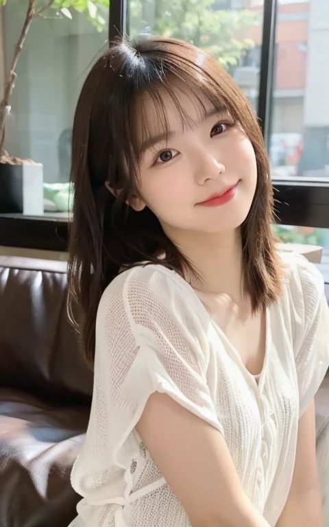 (The photo is real:1.4), (Surreal:1.4), (Soft Light:1.05), 1 Girl, Cafe, Smile a little, Clean Beauty, 22 years old, Soft Light, Backlight, (最high quality real texture skin:1.2), The face is very delicate, Shiny skin, retina, Anatomically correct, Acura, Super Detail, high quality, High detail, 最high quality, High resolution, Holiday Morning, Sitting on the couch, relax, Medium length hair swaying in the wind,