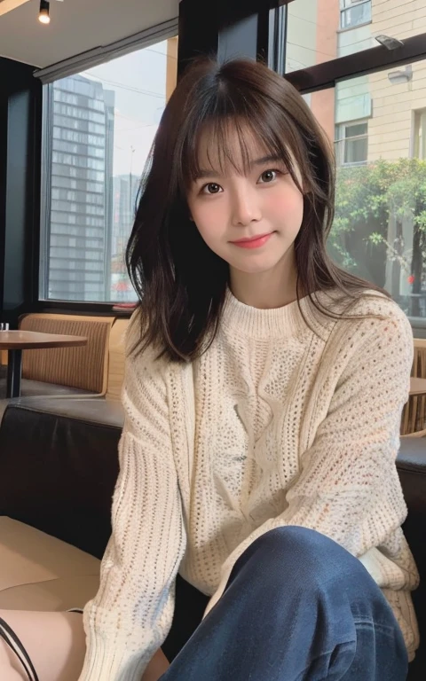 (The photo is real:1.4), (Surreal:1.4), (Soft Light:1.05), 1 Girl, Cafe, Smile a little, Clean Beauty, 22 years old, Soft Light, Backlight, (最high quality real texture skin:1.2), The face is very delicate, Shiny skin, retina, Anatomically correct, Acura, Super Detail, high quality, High detail, 最high quality, High resolution, Holiday Morning, Sitting on the couch, relax, Medium length hair swaying in the wind,