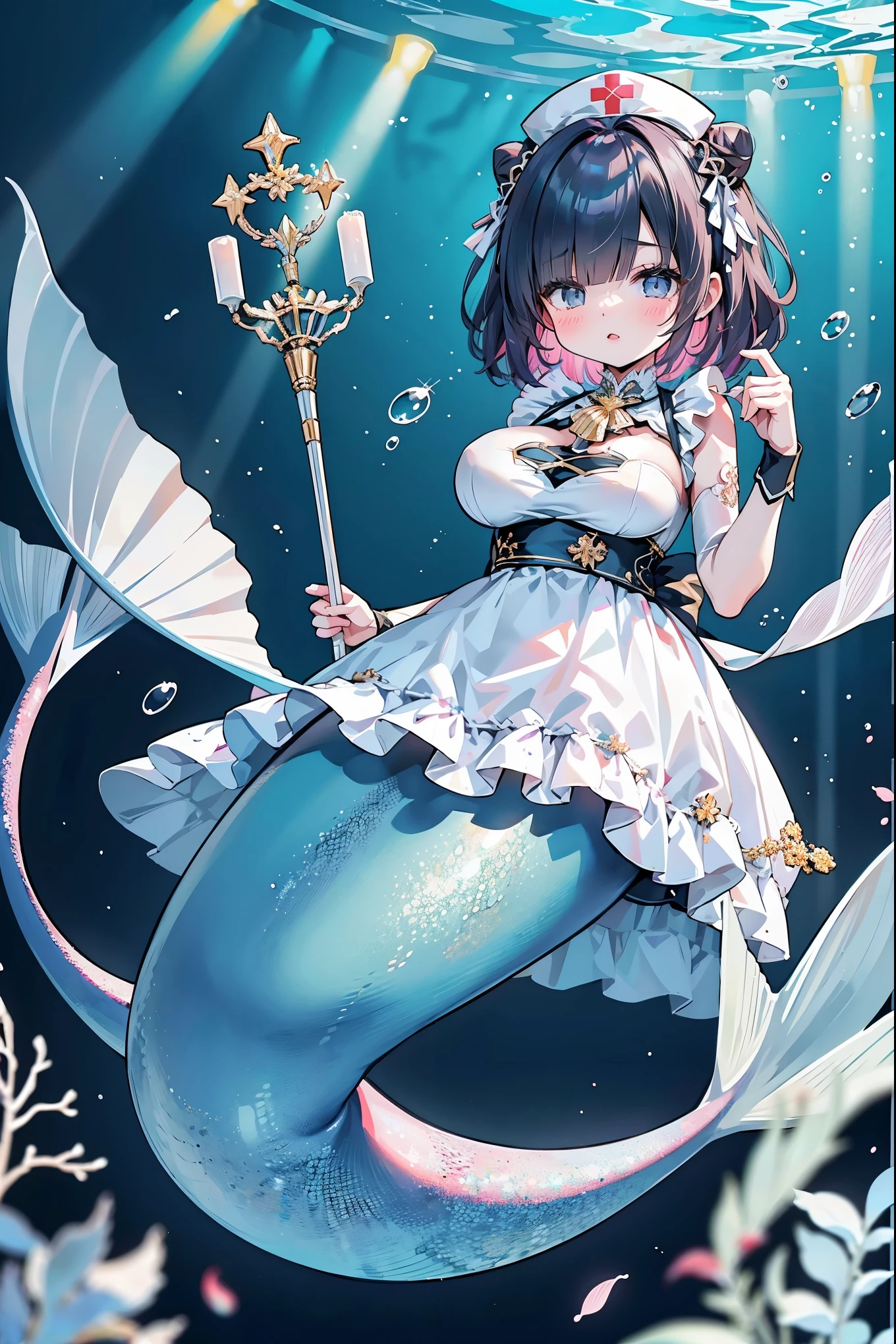 masterpiece, best quality,(perfect five fingers,The best ratio of four fingers and one thumb),A girl,short hair,Hair covering one eye, cone hair bun,Nurse hat,White Dress,White gloves,dress without sleeve,Large Breasts,Hair accessories,Head fin,Mermaid,粉色的Mermaid尾巴,Bangs,full-body shot,seabed,Underwater,Ocean background