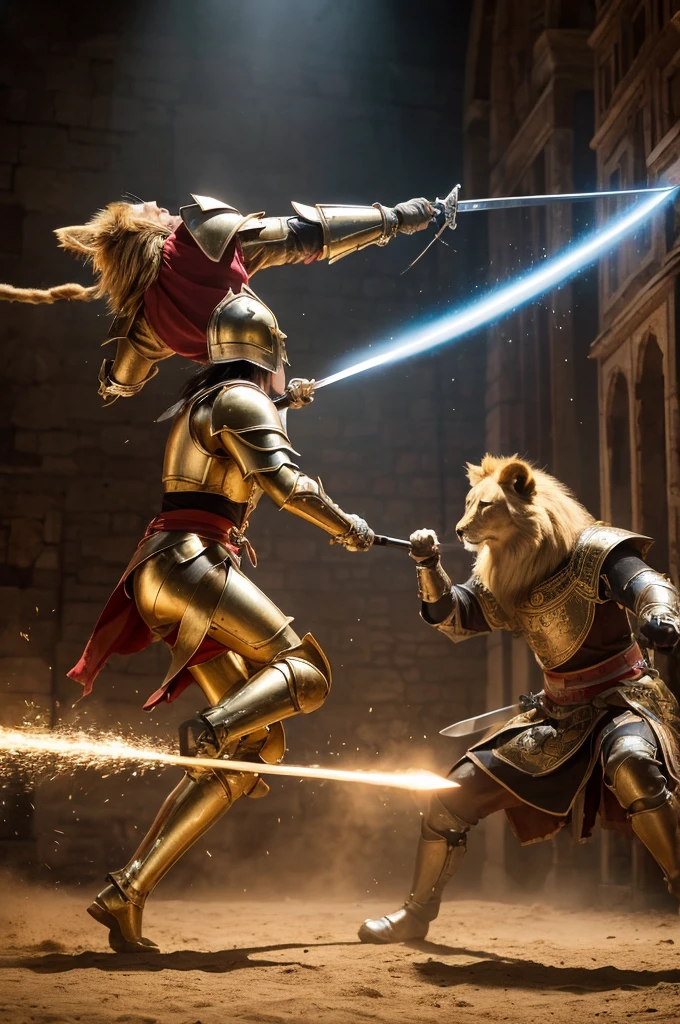 A dramatic scene of a dog and a lion engaged in an intense sword fight. The setting is a medieval arena, surrounded by cheering spectators. The dog, clad in light armor, wields a slender sword with agility, while the lion, adorned with majestic golden armor, swings a massive broadsword with power. The camera captures the clash of their swords in slow motion, sparks flying with each strike. Dust swirls around their feet as they circle each other, eyes locked in determination.
