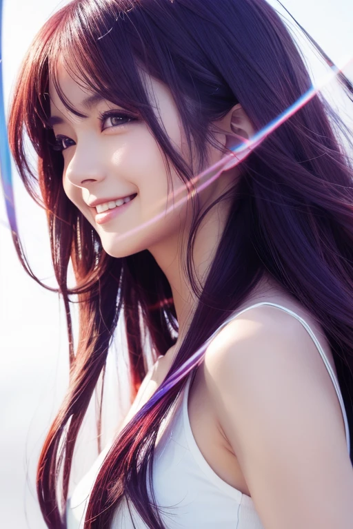 (anime),(cute)(masterpiece), (Highest quality),One girl,Upper Body,(Double exposure:1.2),(Simple Background:1),Bold、clear、PURPLE-Red、COOL-Smile、Natural、Clear、Turn、 (Movie angle),(Dynamic Angle),Disheveled long hair,(Low contrast),(Flat Color:0.7)