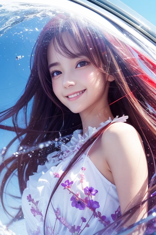 (anime),(cute)(masterpiece), (Highest quality),One girl,Upper Body,(Double exposure:1.2),(Simple Background:1),Bold、clear、PURPLE-Red、COOL-Smile、Natural、Clear、Turn、 (Movie angle),(Dynamic Angle),Disheveled long hair,(Low contrast),(Flat Color:0.7)