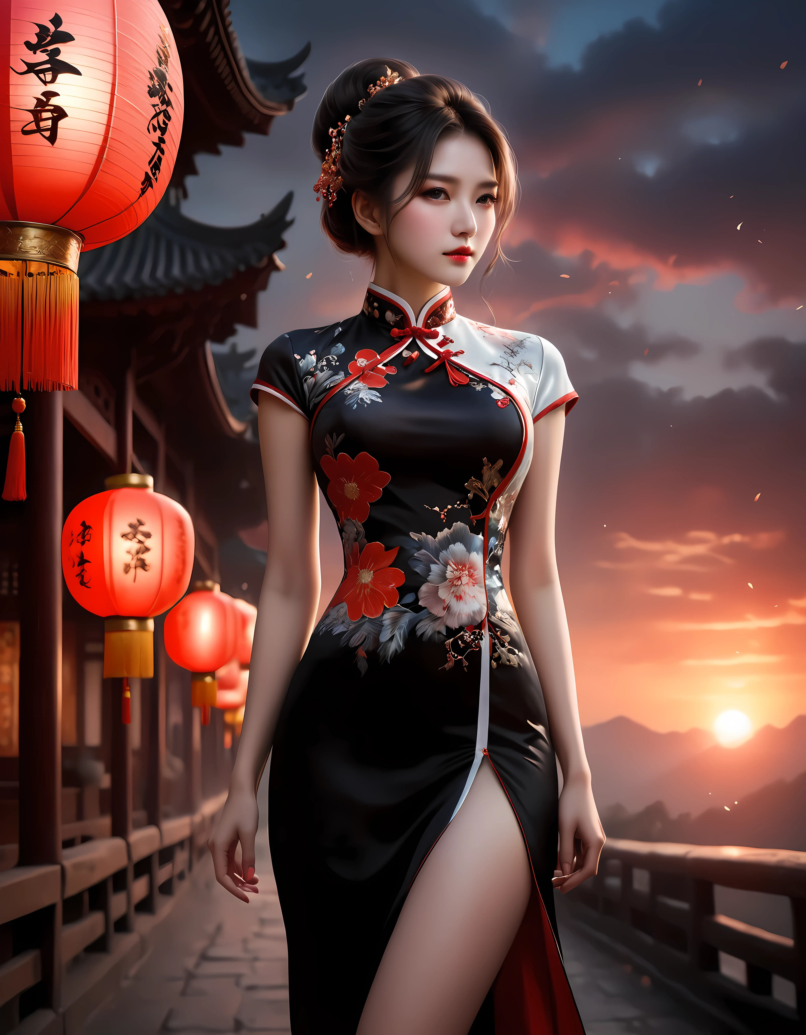 ((Masterpiece in maximum 16K resolution):1.6),((soft_color_photograpy:)1.5), ((Ultra-Detailed):1.4),((Movie-like still images and dynamic angles):1.3) | ((double contact):1.3), ((Majestic cheongsam dress silhoutte effect):1.2), ((Superimposed on Brunette Pretty Female):1.1), ((Exotic Red Lantern Festival Sky):1.3), Oil and ink on canvas, fine dark art, super dramatic light, photoillustration, amazing depth, the ultra-detailed, iridescent black, superfluous dreams, intricately details, amazing depth, Amazing atmosphere, Mesmerizing whimsical vibrant landscapes, ((Majestic Cheongsam Dress):1.2), Maximalism ((beautiful outside, Ugly inside, pressure and pain, beauty and despair, hard and soft, positive and negative, hot and cold, Sweet and sour, Vibrant but boring, Perfect harmony, light and shadows, old and young, Black and white, Corresponding color, loud and quiet, Chaos and peace, life and death):1.2) The complex masterpiece of a real-time engineering leader. | Rendered in ultra-high definition with UHD and retina quality, this masterpiece ensures anatomical correctness and textured skin with super detail. With a focus on high quality and accuracy, this award-winning portrayal captures every nuance in stunning 16k resolution, immersing viewers in its lifelike depiction. | ((perfect_composition, perfect_design, perfect_layout, perfect_detail, ultra_detailed)), ((enhance_all, fix_everything)), More Detail, Enhance.