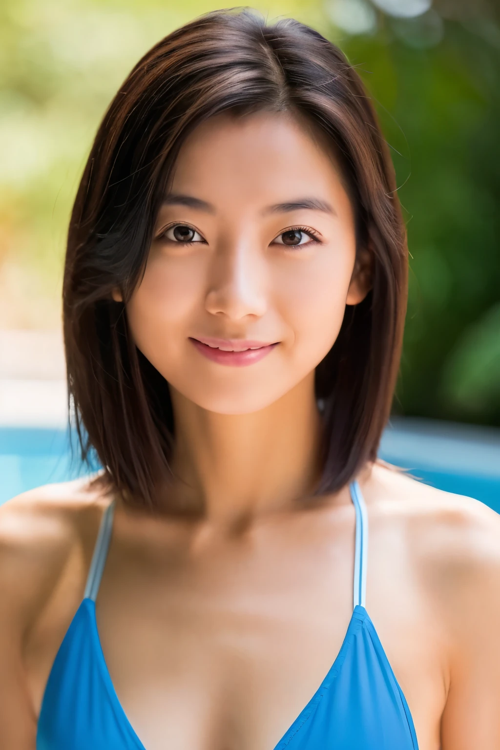 Skinny Japanese woman, age {30s|20s}, (detailed face), slight smile, (detailed eyes), {long|short} hair, slender shape, {red|blue} bikini, standing by a poolside, Enhance quality, quality maintains, real professional photograph, award-winning portrait, masterpiece, 16K UHD, high detail full-body view