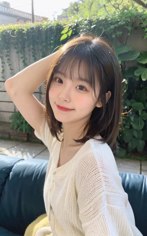 (The photo is real:1.4), (Surreal:1.4), (Soft Light:1.05), 1 Girl, Cafe, Smile a little, Clean Beauty, 22 years old, Soft Light, Backlight, (最high quality real texture skin:1.2), The face is very delicate, Shiny skin, retina, Anatomically correct, Acura, Super Detail, high quality, High detail, 最high quality, High resolution, Holiday Morning, Sitting on the couch, relax, Medium length hair swaying in the wind,